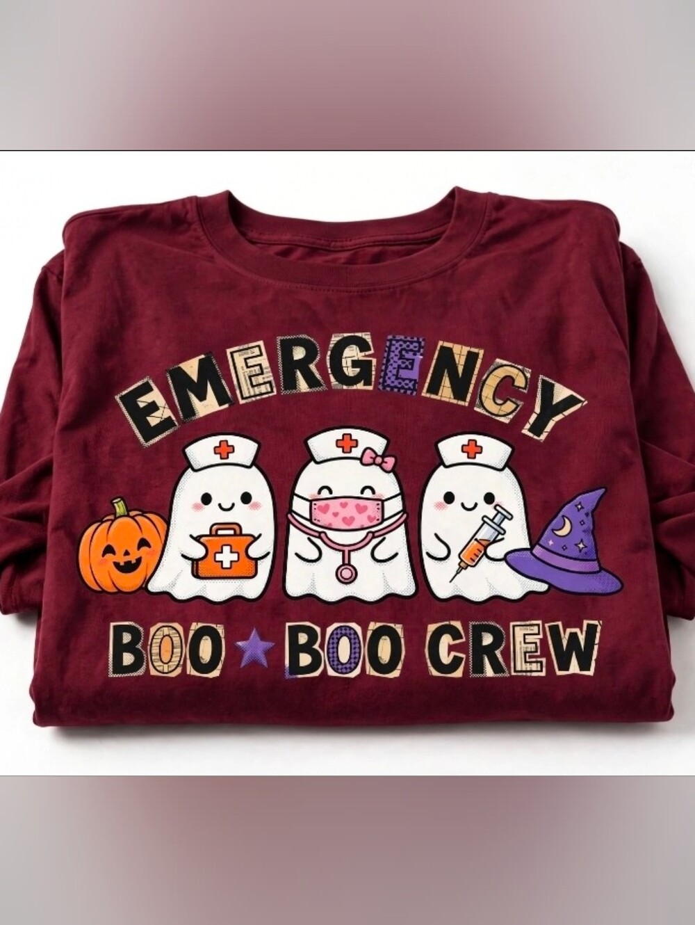 Gildan Halloween Nurse Shirt Maroon Emergency Boo Boo Crew Ghost Nurse Long Slee